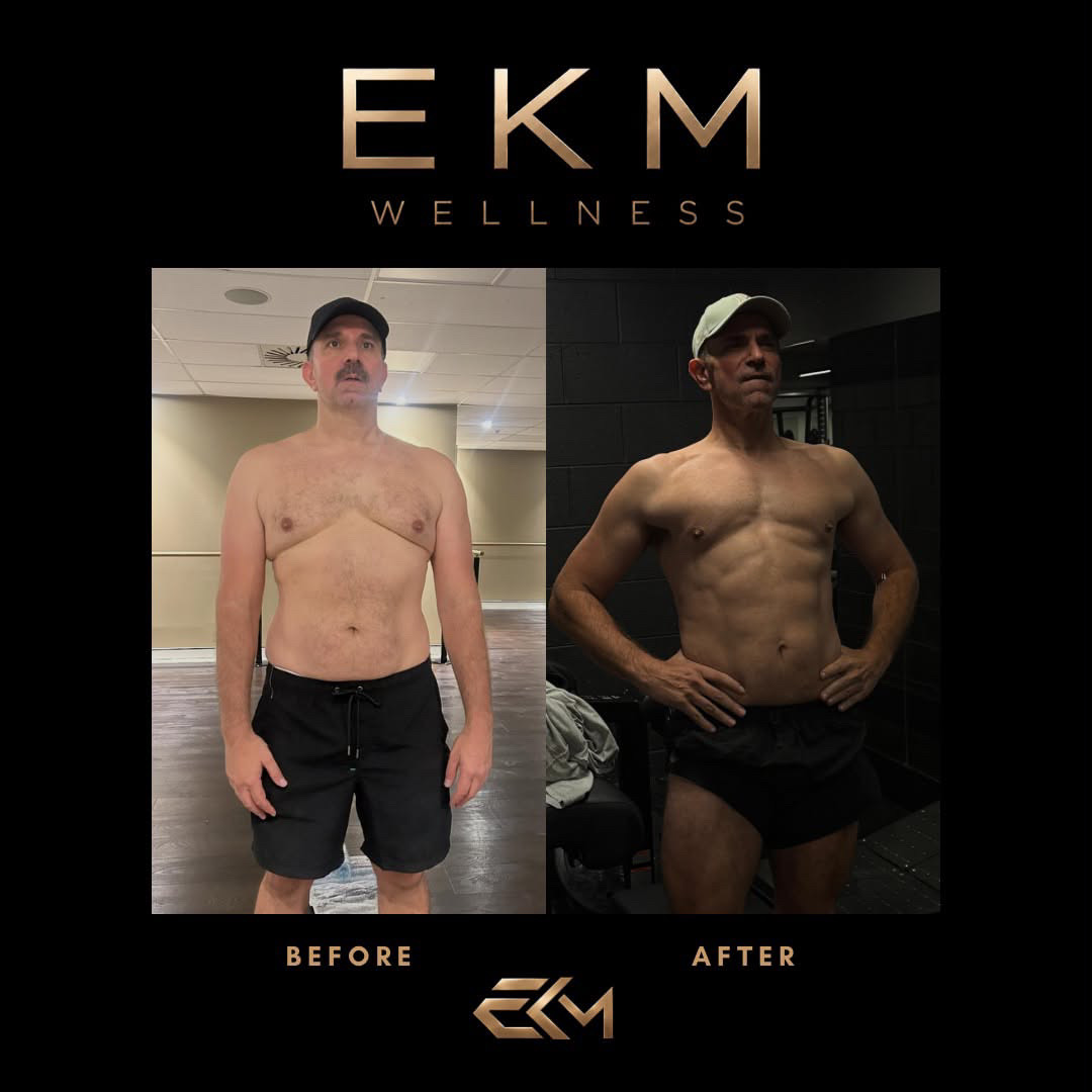 EKM Wellness client before and after body transformation, fat loss and muscle definition